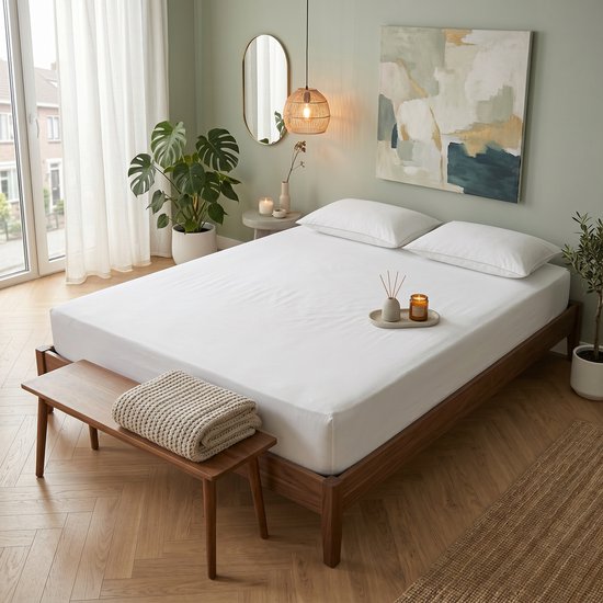 Lit fait avec drap-housse blanc, oreillers et décoration, dans une chambre lumineuse.