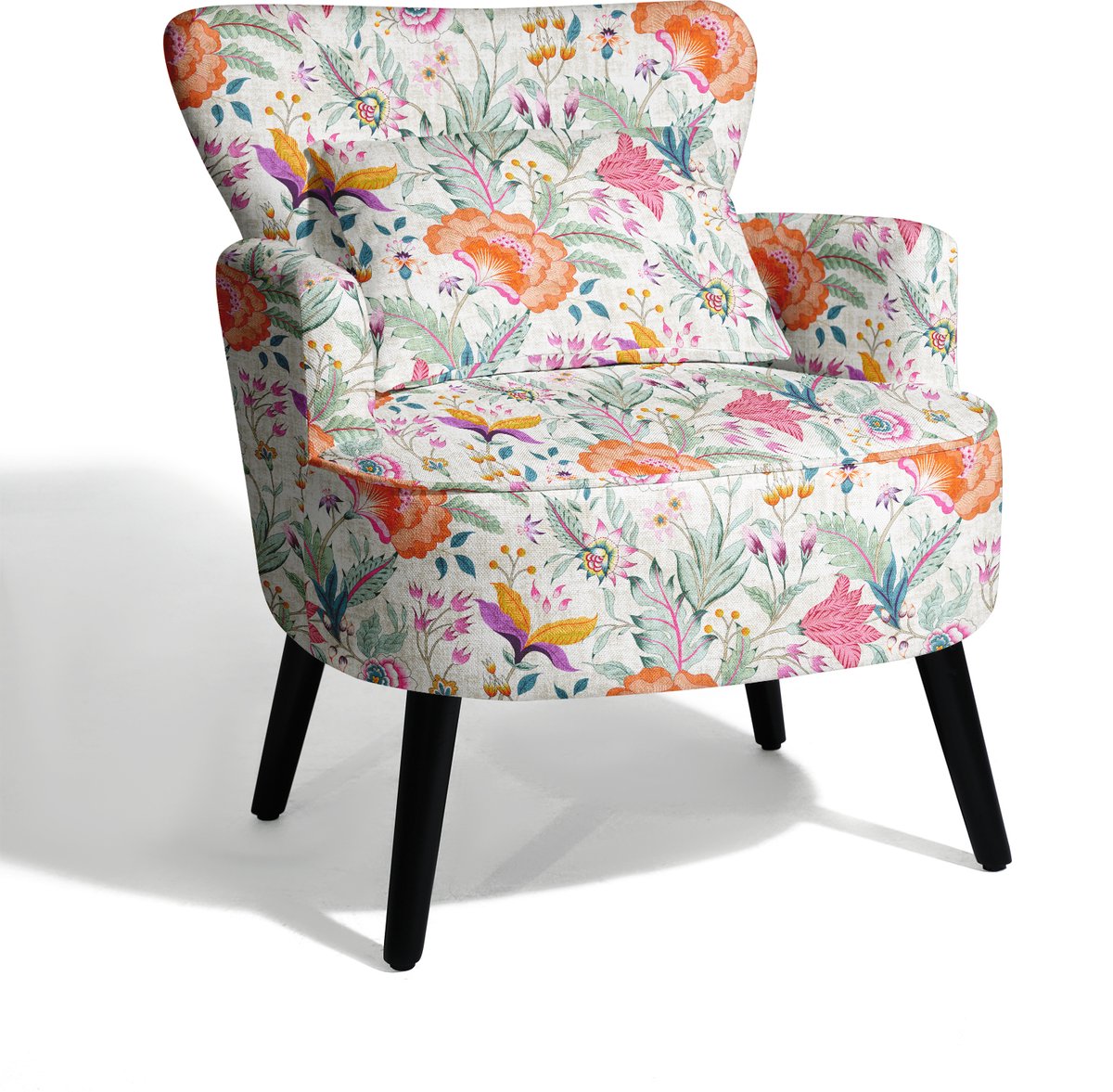 HomeMiYN Lounge Fauteuil – Linnen Look Bloemenprint Stoel – Oranje Bloemen Design – Comfortabele Armstoel met Hoge Rugleuning – Woonkamer & Slaapkamer Stoel