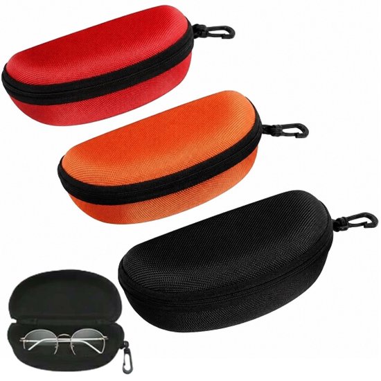 3 Stuks Brillenetui met Rits - Zonnebril Koker - Brillenkoker – Draagbare Brillenkoker - met Kunststof Haak - voor Mannen en Vrouwen - Zonnebrillen accessoires – Rood/Zwart/Oranje – LOUZIR