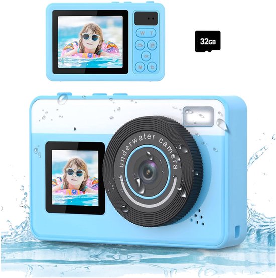 KZQ Waterdichte 4K 48MP digitale camera met dubbel scherm autofocus 18X zoom tot 10FT voor zwembad en strand blauw incl 32GB geschikt voor tieners en kinderen