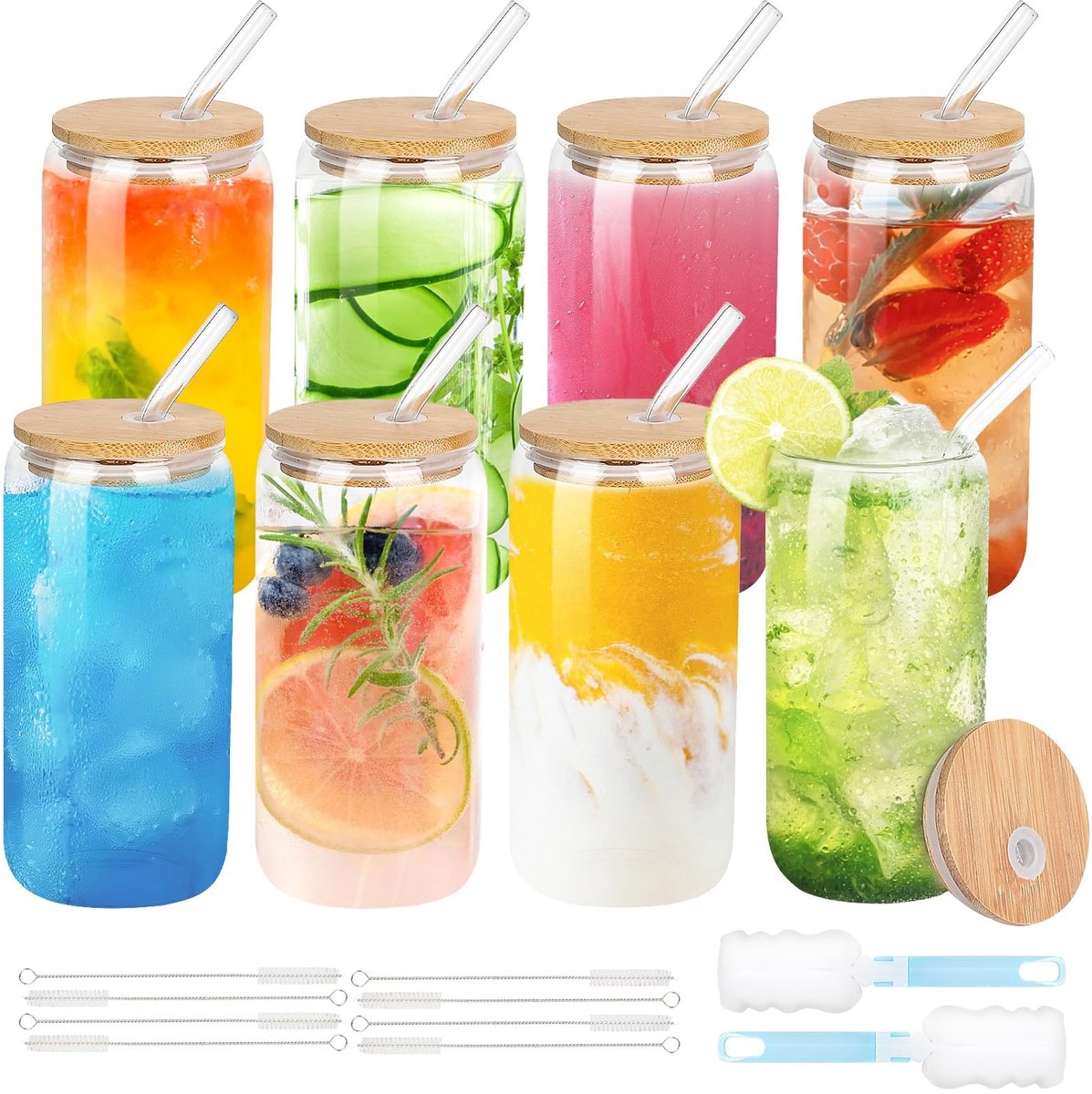 Dailygoods - Drinkglazen met Bamboedeksels en Glazen Rietje - 8-Pack