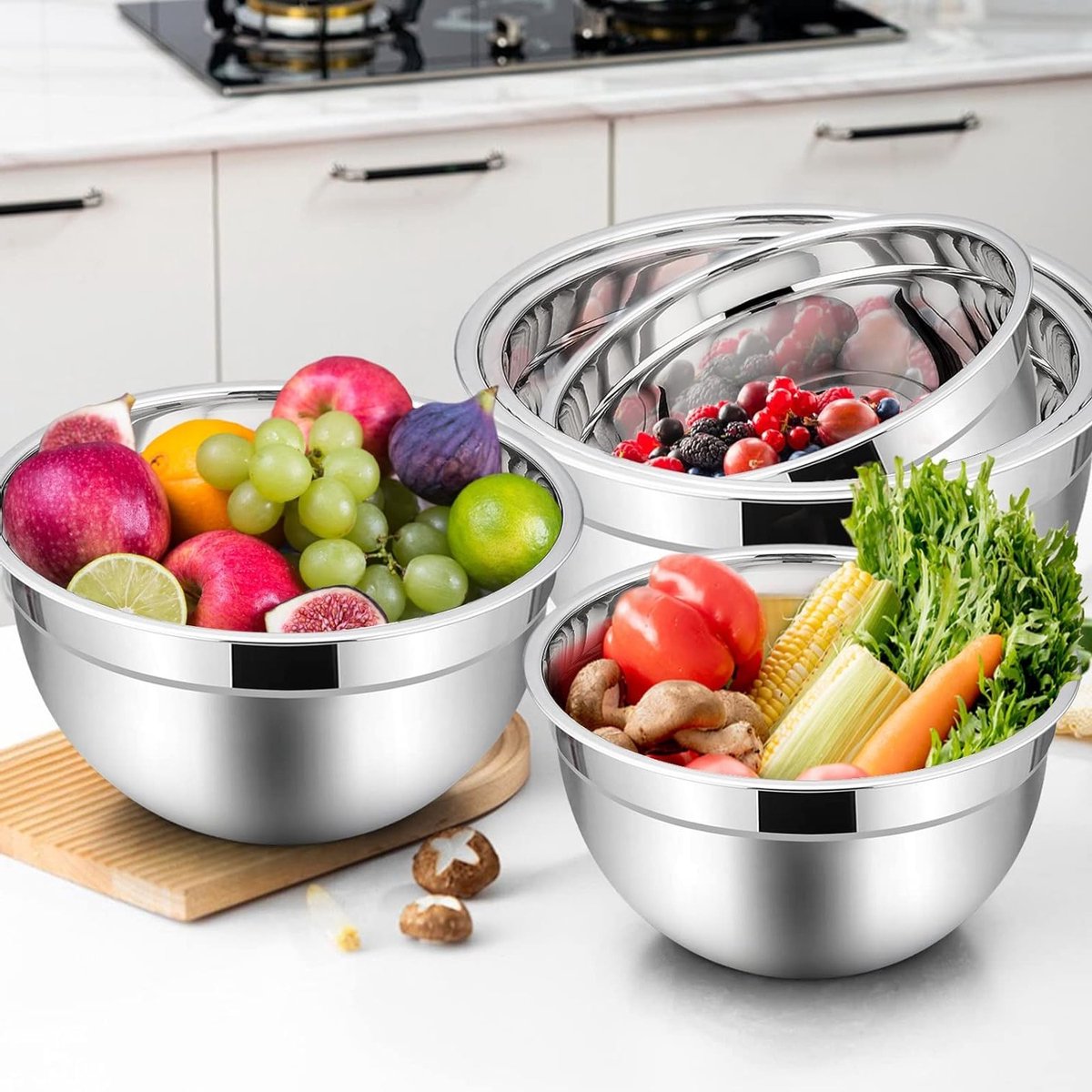 5-delige Mengkom Set van RVS met Luchtdichte Deksel, Ideaal voor Koken, Bakken en Opslag, Stapelbaar en Vaatwasserbestendig, 4.5L, 2.7L, 1.5L, 1.2L, 0.7L