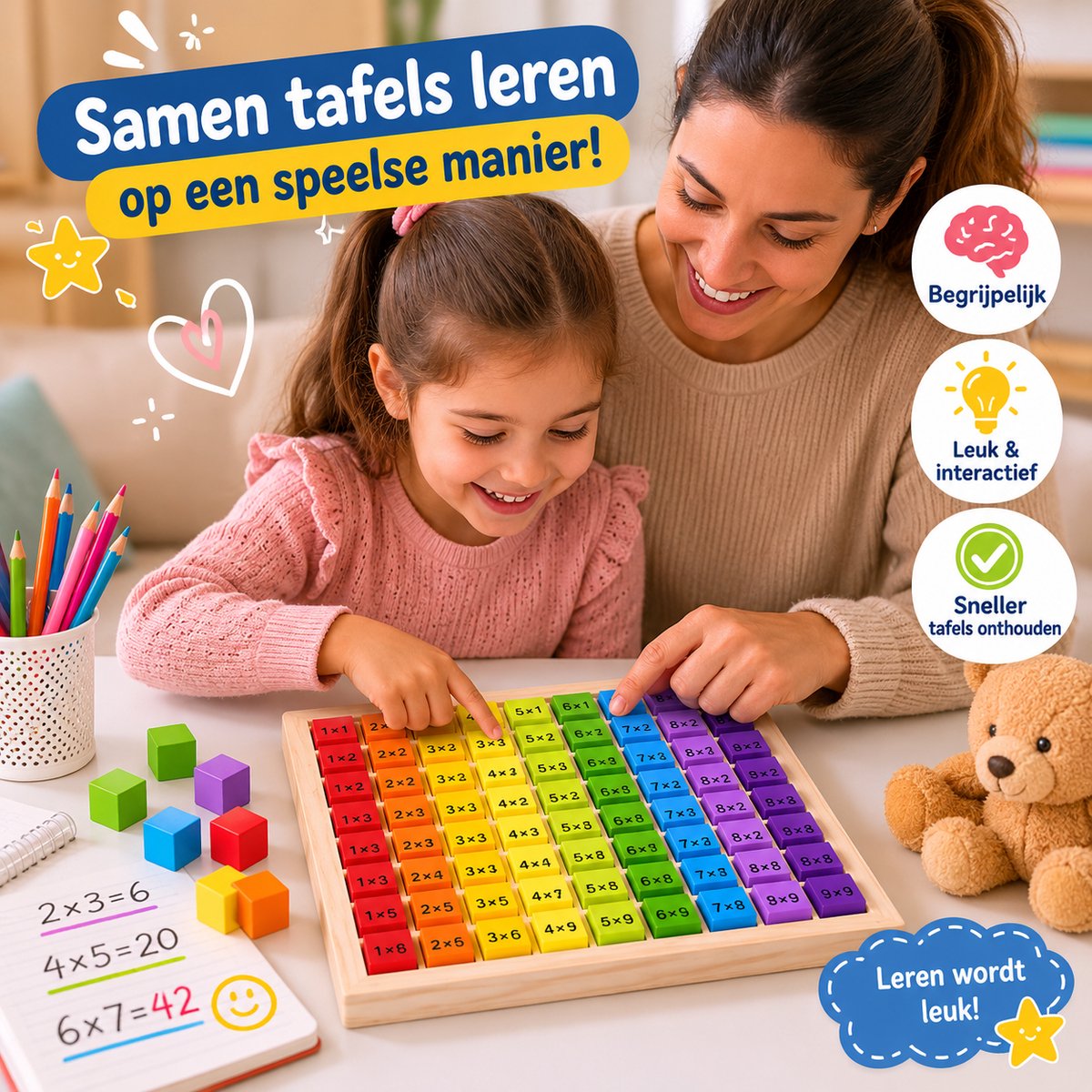 Tafels Leren Houten Leerbord – Vermenigvuldigen & Keersommen – Educatief Speelgoed – Montessori Rekenspel – 2-in-1 Rekenen en Bouwspel — afbeelding 3