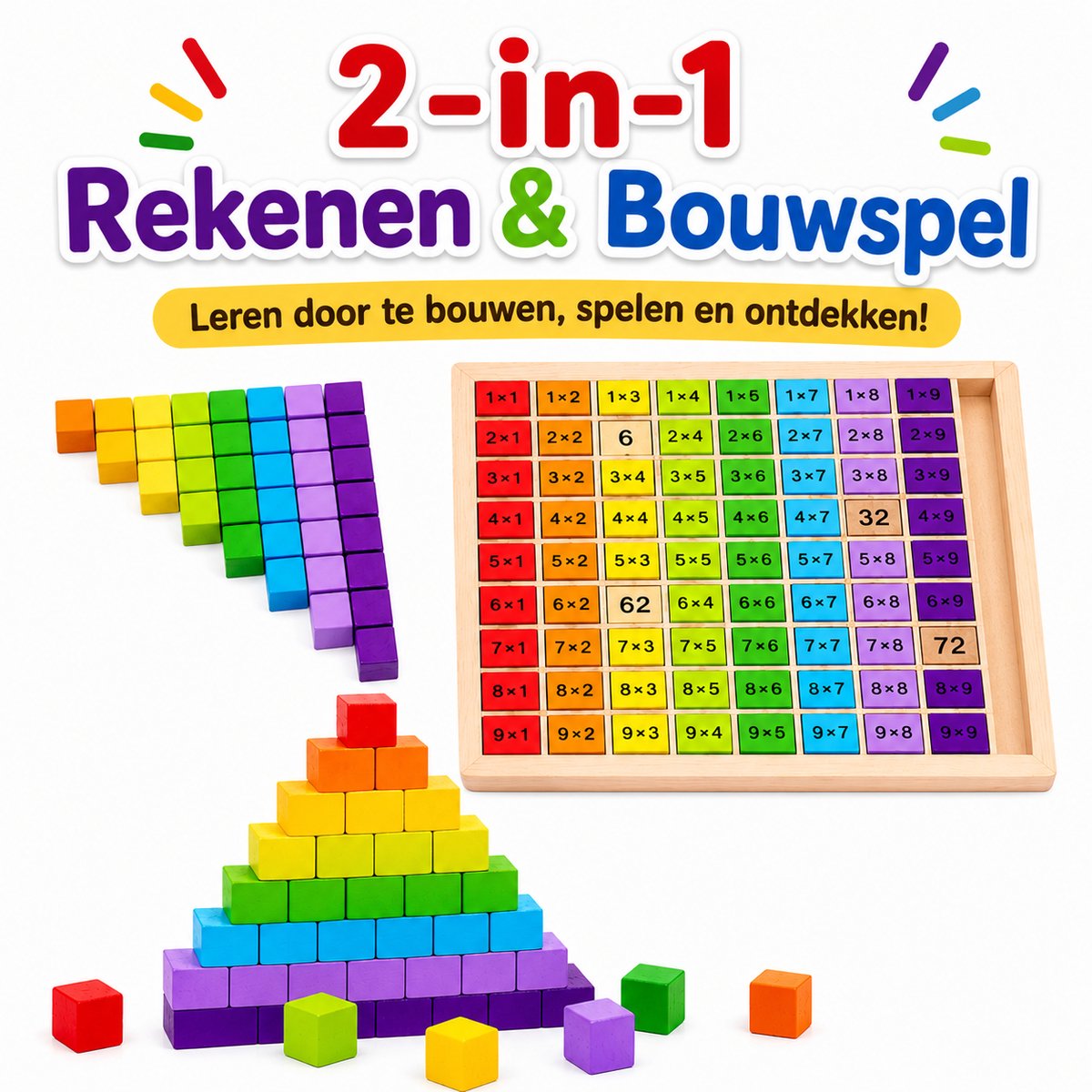 Tafels Leren Houten Leerbord – Vermenigvuldigen & Keersommen – Educatief Speelgoed – Montessori Rekenspel – 2-in-1 Rekenen en Bouwspel — afbeelding 5