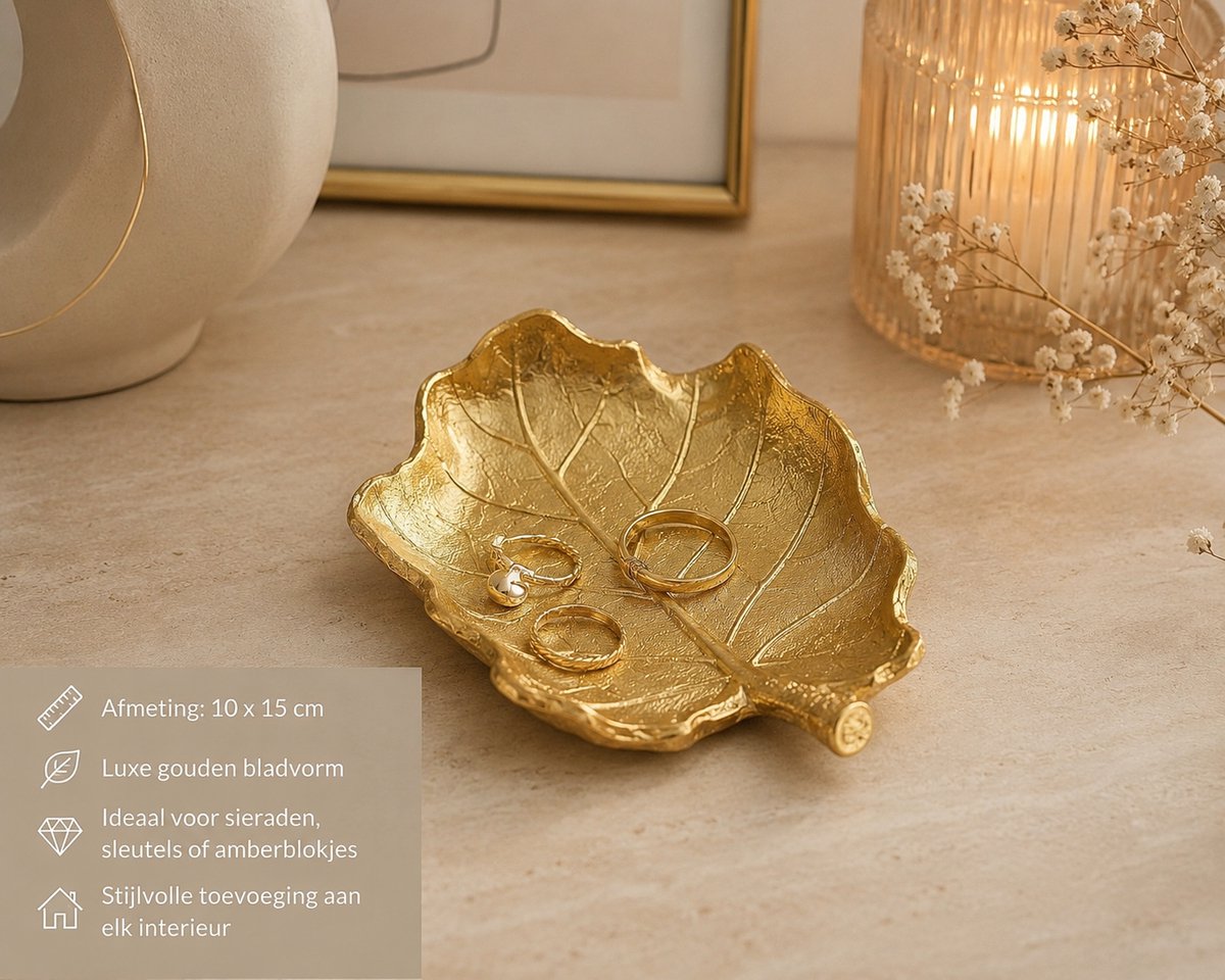 Gouden Bladvorm Schaal – Decoratief Sieradenschaaltje en Sleutelschaal – Luxe Woondecoratie Blad Plateau – Goudkleurige Decoratieschaal voor Sieraden, Amberblokjes, Geurkaars, Dressoir en Salontafel – 15x10 cm