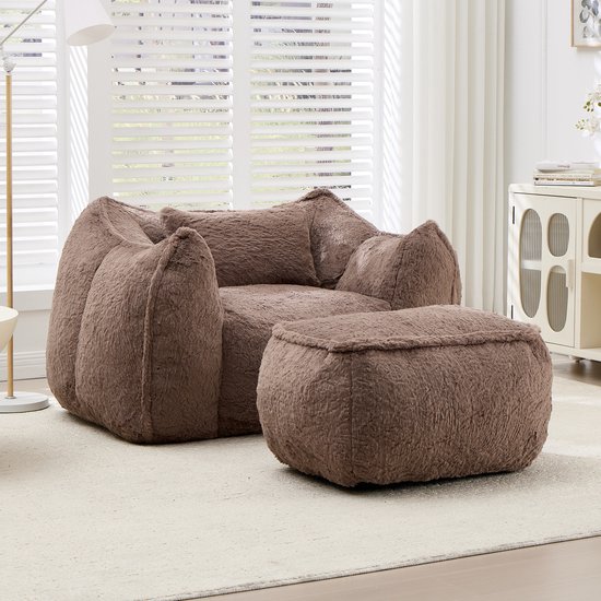 Zitzak met Voetenbank - Loungestoel - Bekleding van Imitatie Konijnenbont - Hoogdichtheid Versnipperd Schuim - Ergonomische Rugleuning - Relaxstoel voor Woonkamer en Slaapkamer - Draagvermogen 200 kg-Koffiebruin