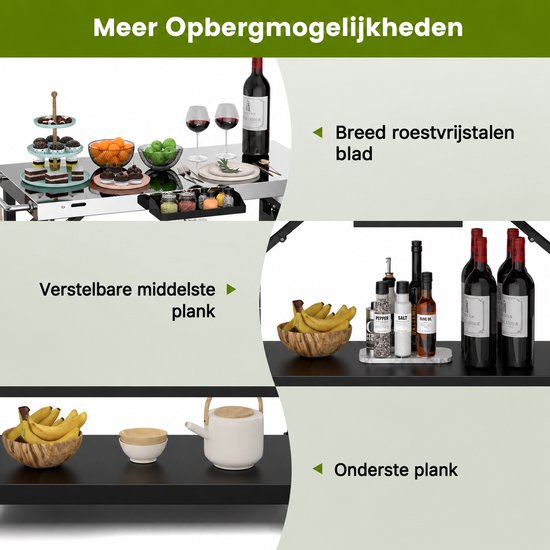 Buitenkeuken op Wielen - BBQ Trolley - Met Opbergkast & Planken - Werktafel voor Buiten –Metaal en roestvrij staal - Multifunctioneel - Zwart en zilver — afbeelding 2