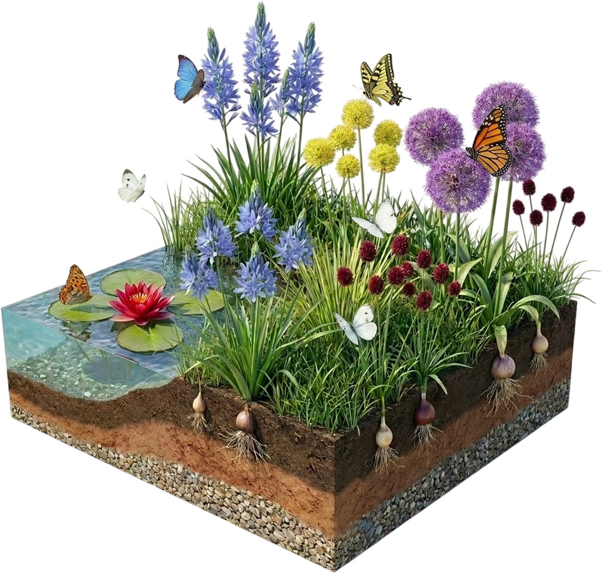 vdvelde.com - Aqua Bulbs Butterfly Mix - 39 vlindervriendelijke bloembollen - vijver, tuin - winterhard - Allium, Camassia, Fritillaria - bloei maart-juli - voor vlinders en bijen