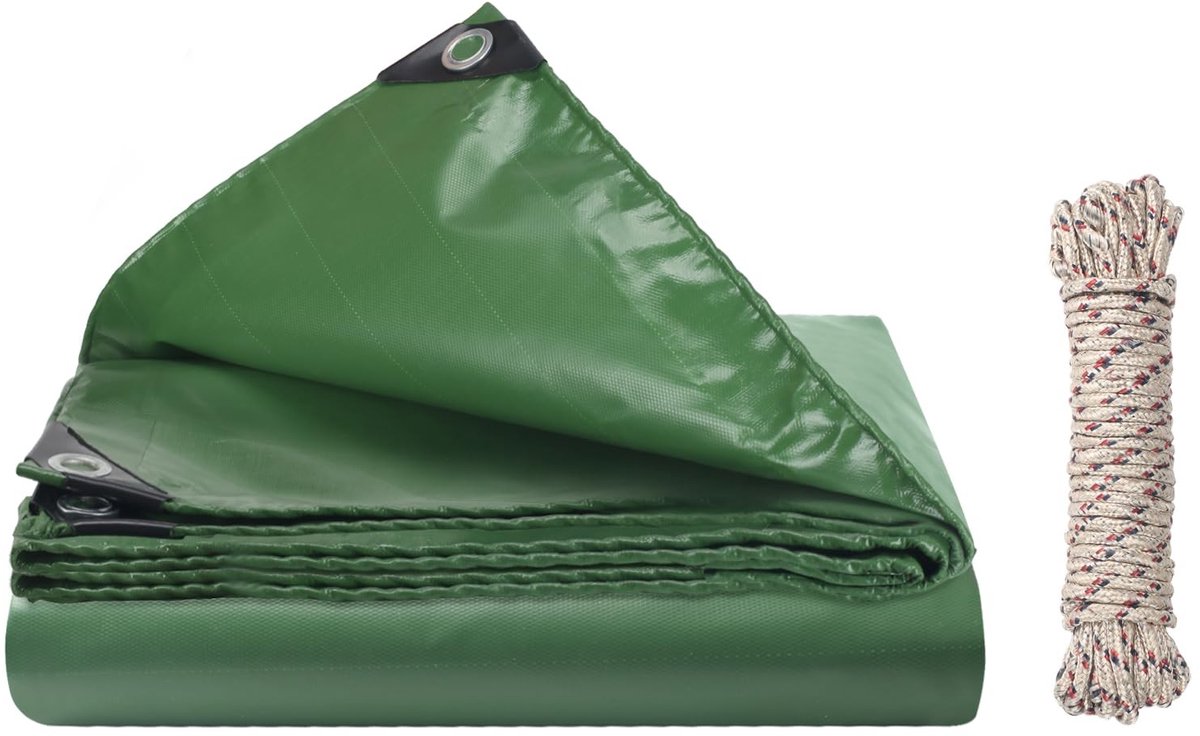 Dailygoods - Afdekzeil 2x2 m - Waterdicht, groen, met ringen en 10 meter touw