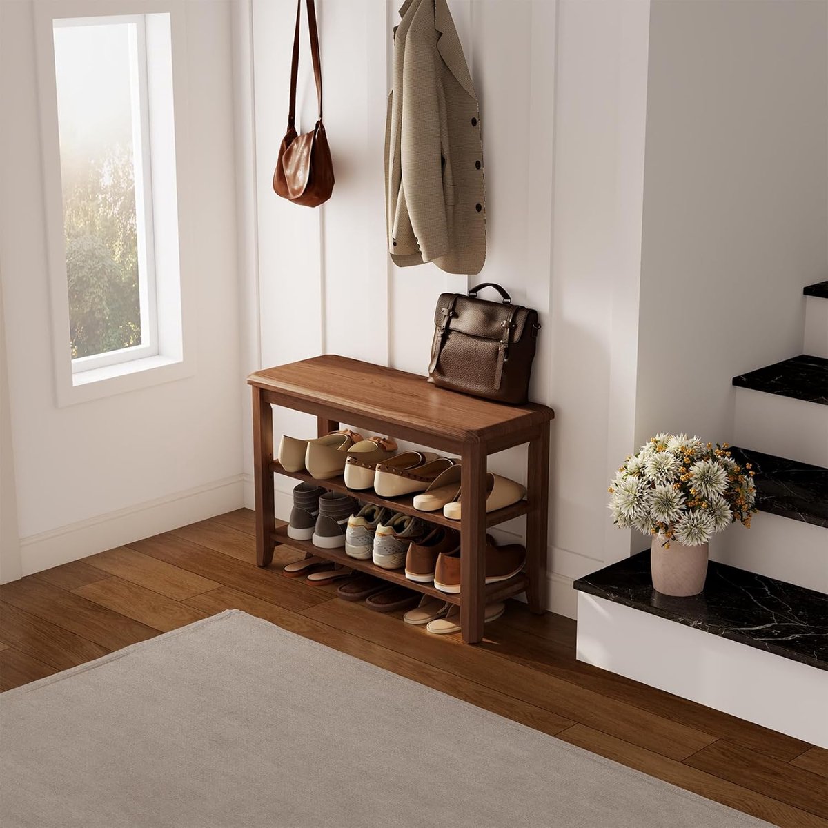 Schoenenbank met opbergruimte 30x80x52 cm – houten schoenenrek met zitbank en 2 verstelbare planken, moderne schoenenkast voor hal, entree, slaapkamer en woonkamer – walnoot – Mobili Bella