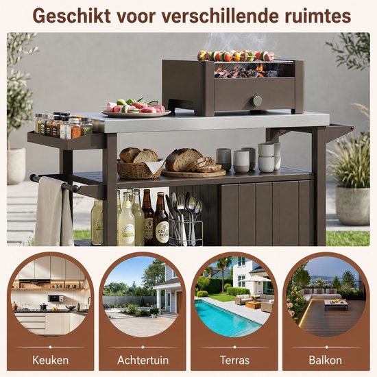 Buitenkeuken op Wielen - BBQ Trolley - Met Opbergkast & Planken - Werktafel voor Buiten - Metaal, RVS - Multifunctioneel - Bruin + Zilver — afbeelding 4