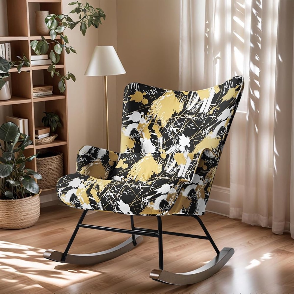 HomeMiYN Schommelstoel – Linnen Look Zwart Goud Letter Graffiti Rocking Chair – Moderne Design Fauteuil – Comfortabele Wipstoel met Hoge Rugleuning voor Woonkamer en Slaapkamer
