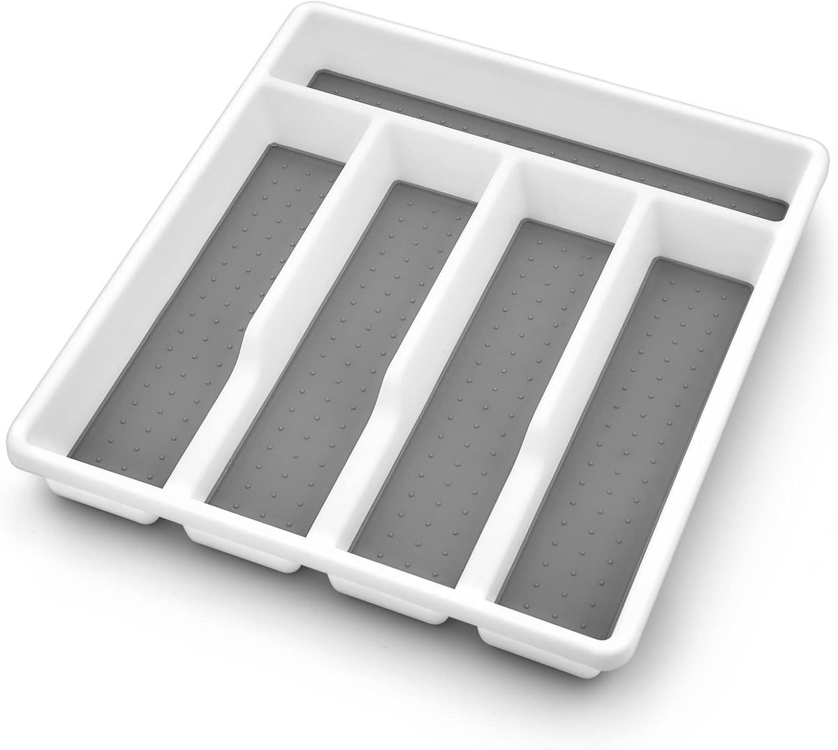 Praktische Besteklade voor Lades, Plastic Bestekorganizer met 5 Compartimenten, Robuuste Inzet voor Keuken en Kantoor, Antislip en Zachte Handgreep, 32.3 x 28.8 x 4.5 cm, Wit en Grijs