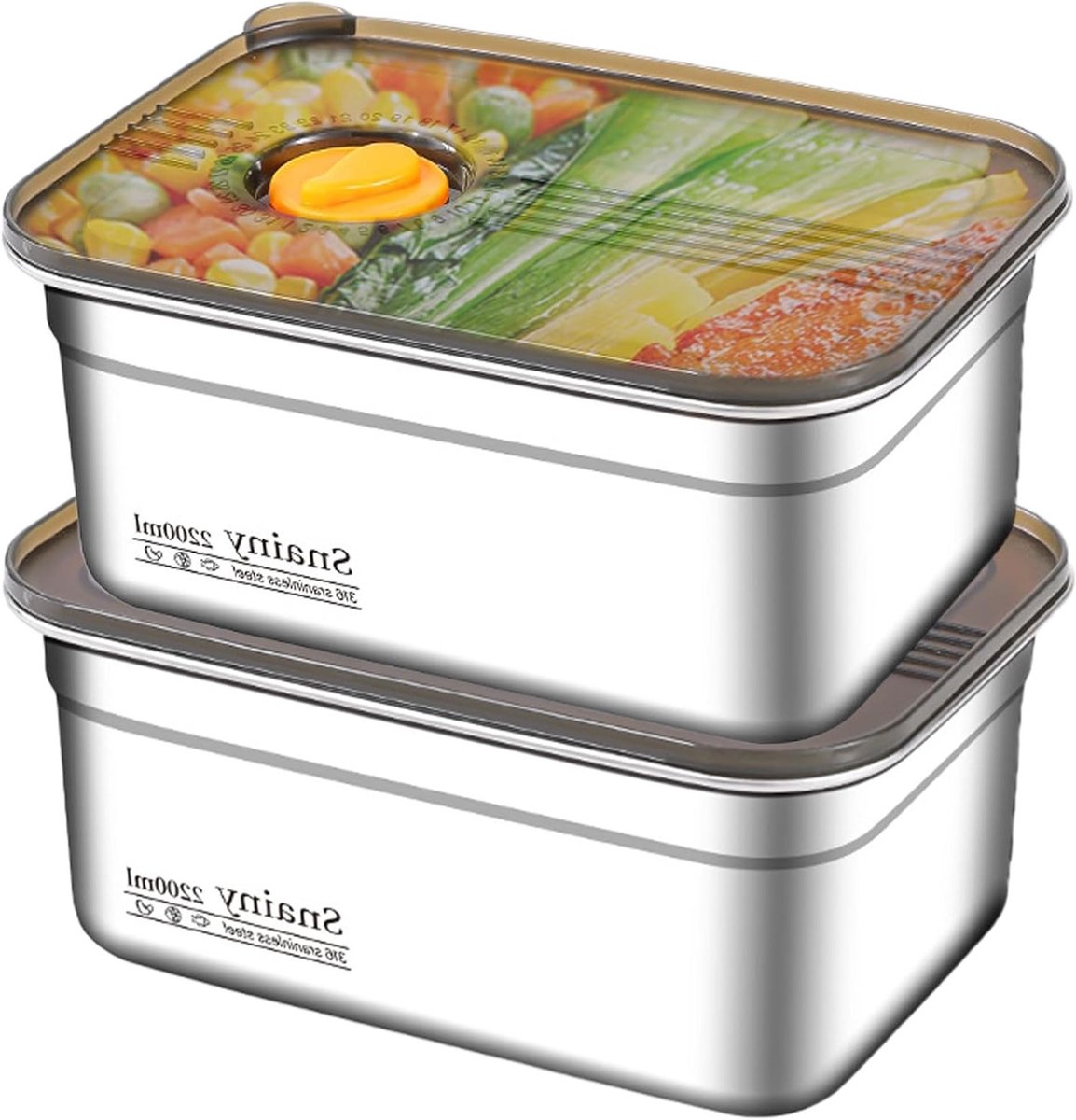 Set van 2 RVS Opbergcontainers met Deksel, 2200ml, Stapelbaar, Luchtdicht, Ideaal voor Lunch en Koelkastgebruik