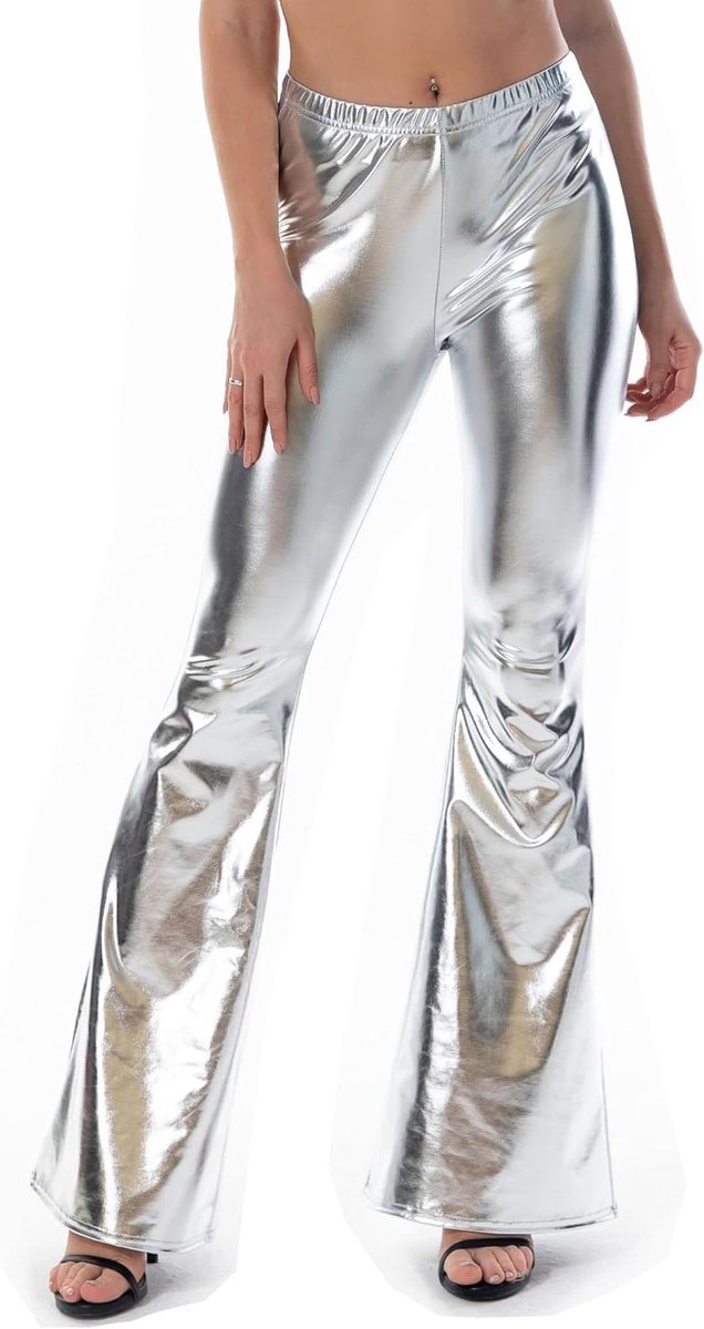 Shiny Metallic Disco Broek met Elastische Taille, Flared Design voor 70's Thema Feesten en Cosplay