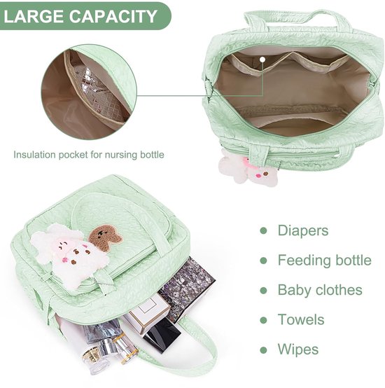 KZQ Luiertas tote mommy bag crossbody schoudertas multifunctionele verzorgingstas voor baby's waterdicht met geïsoleerde zakken reistas kraamcadeau groen klein — afbeelding 5