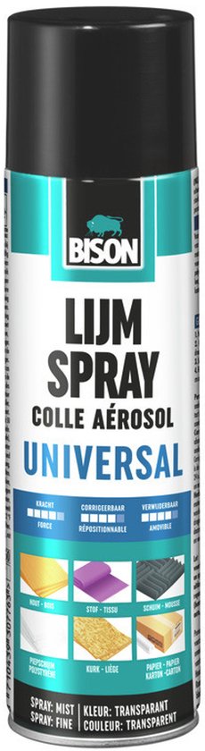 Lijmspray Universal spuitbus 500 ml, universele, vloeibare spuitlijm voor grote oppervlakken. Bindt alternatief of permanent. Geschikt voor diverse materialen