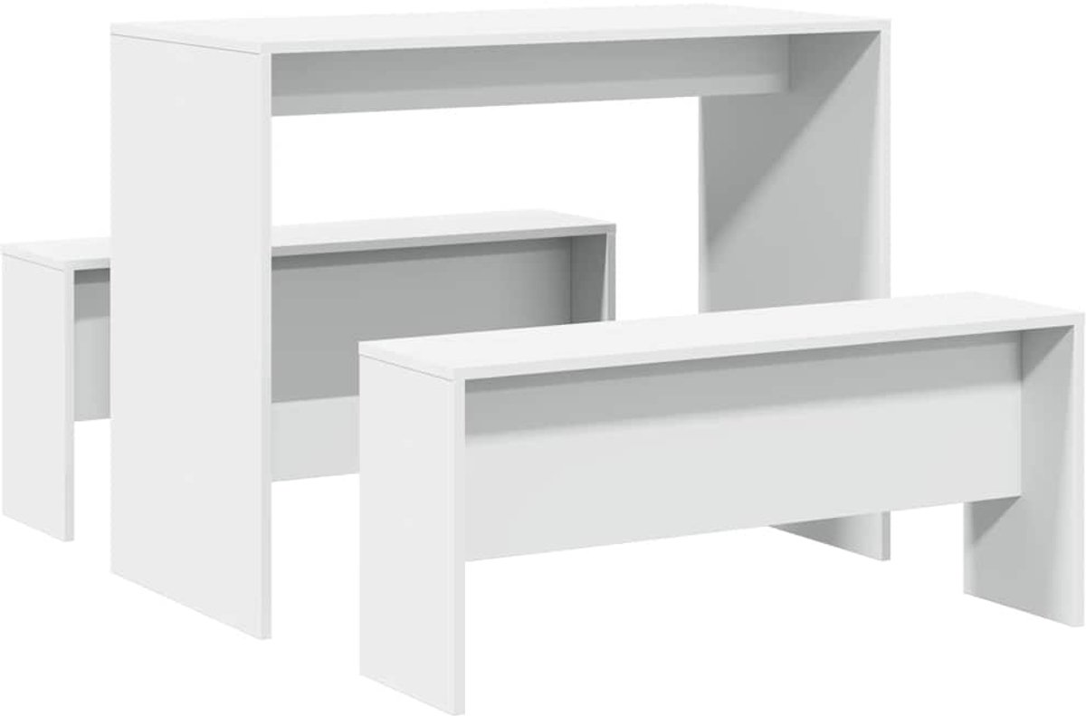 vidaXL 3-delige - Eettafel - en - bankenset - bewerkt - hout - wit