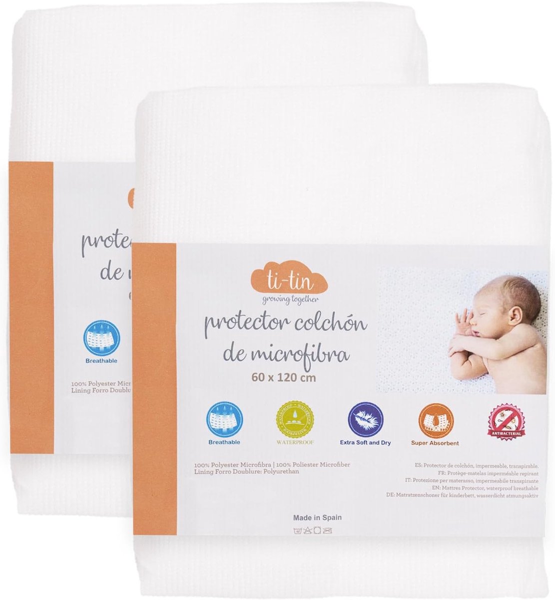 SnelShoppen - Baby matrasbeschermer 60 x 120 cm, waterdicht, ademend, 2 stuks, anti-allergisch en huisstofmijt werend, geschikt voor kinderbedden