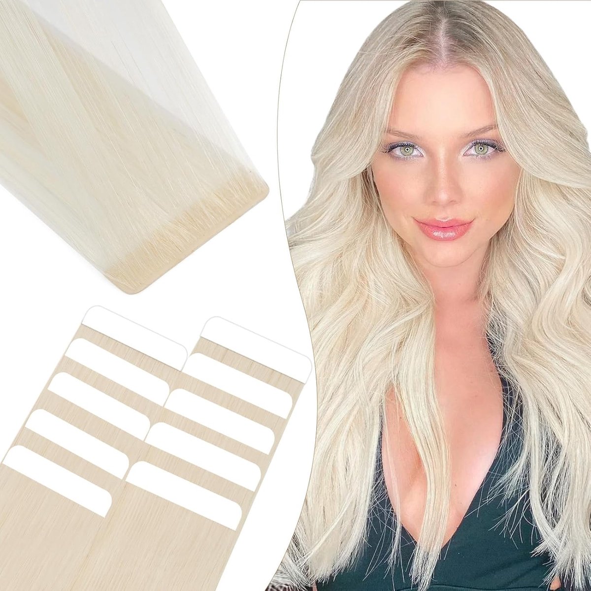Tape Verlengstuk Voor Echt Haar #60 Platina, 10 Stuks Onzichtbare Lijm Verlengstuk Voor Haar 20g, 35 Cm Gestikt Onzichtbaar Haar Glad