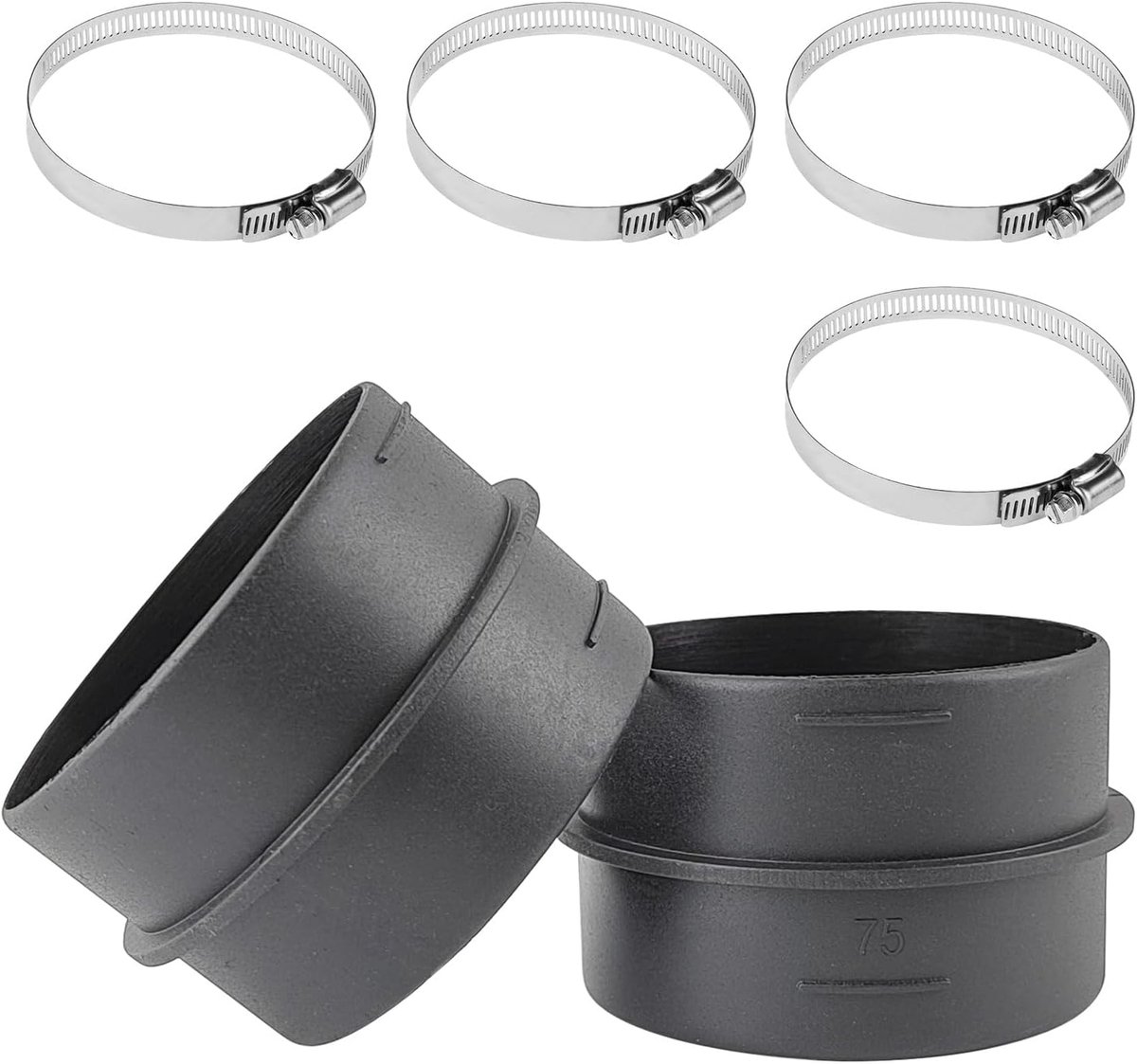 2 stuks T-kanaalaansluiting, 75 mm, buisaansluiting, ronde aansluitingen met 4 klemmen, professionele slangaansluiting van kunststof, voor luchtcirculatie en ventilatie (zwart)