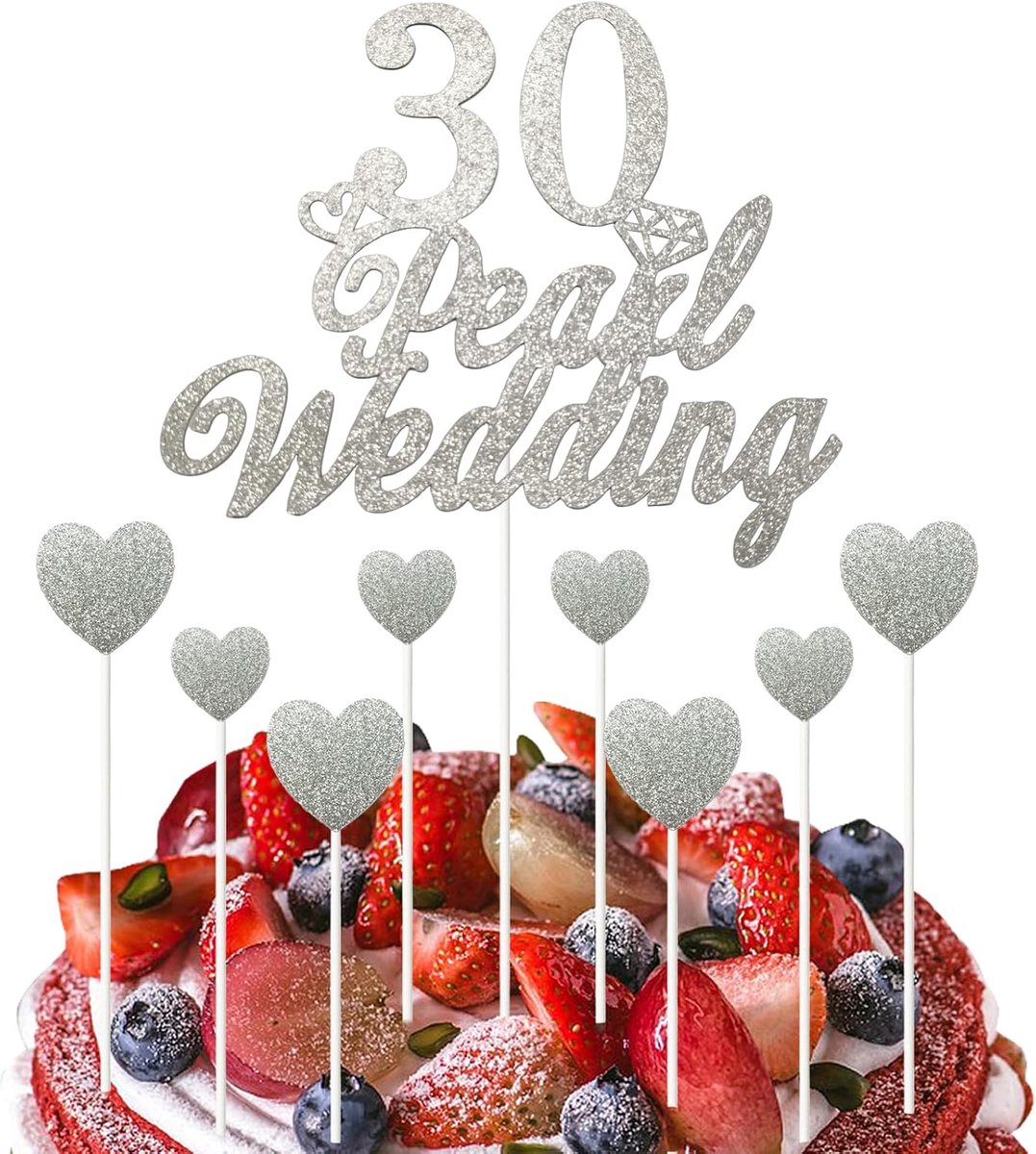 30e Huwelijksverjaardag Taart Topper Set, Zilver Glitter Huwelijksverjaardag Hart Taart Decoraties voor 30e Parelfeest Feestartikelen