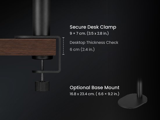 Zwarte bureaulamp bevestigd aan houten bureau met klem (9x7 cm) en optionele voet (16.8x23.4 cm).
