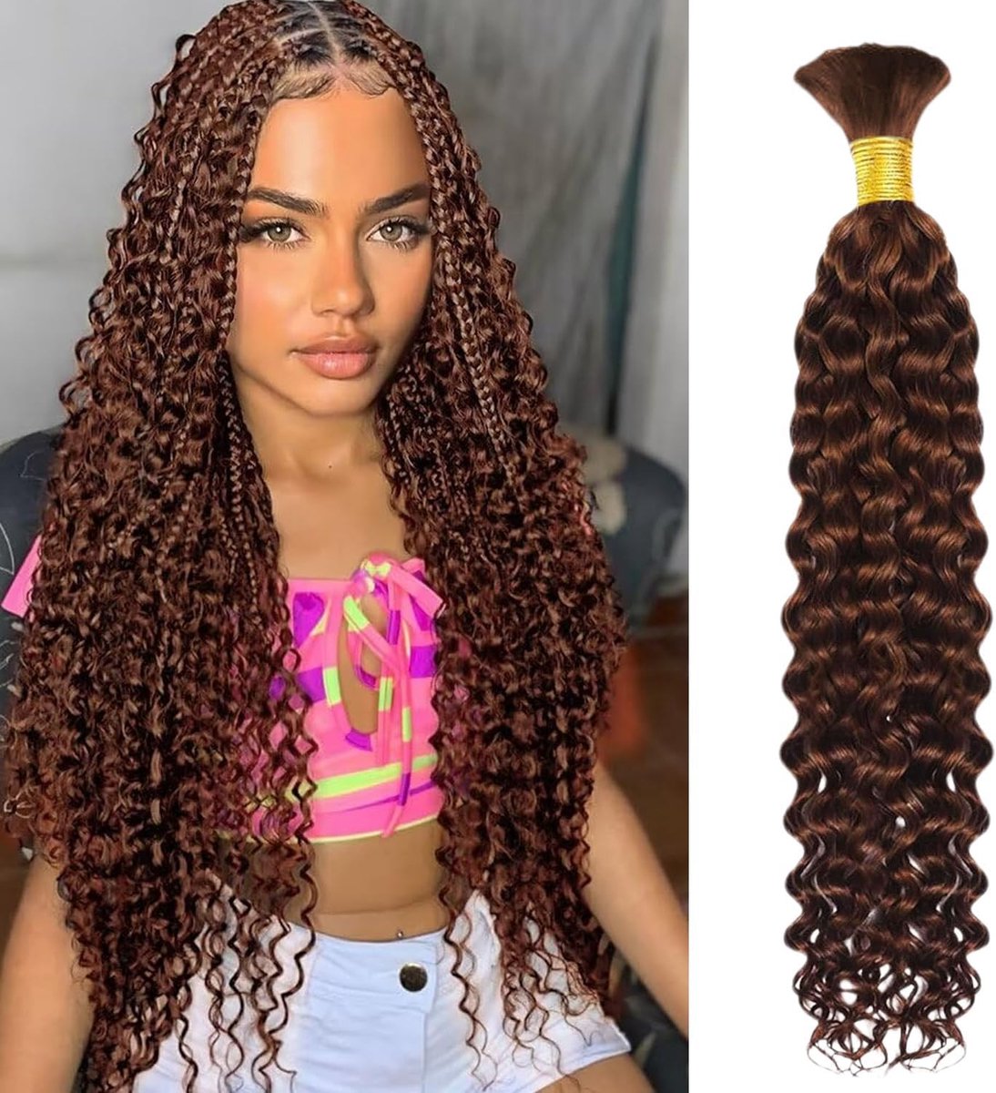 Braiding Hair 1 Bundle Water Wave Human Hair Brazilian Curly Boho Hair for Braiding No Weft for Boho Braids Human Hair Wet and Wavy for Extensions Chocolate Brown Color(18 inch/50g)