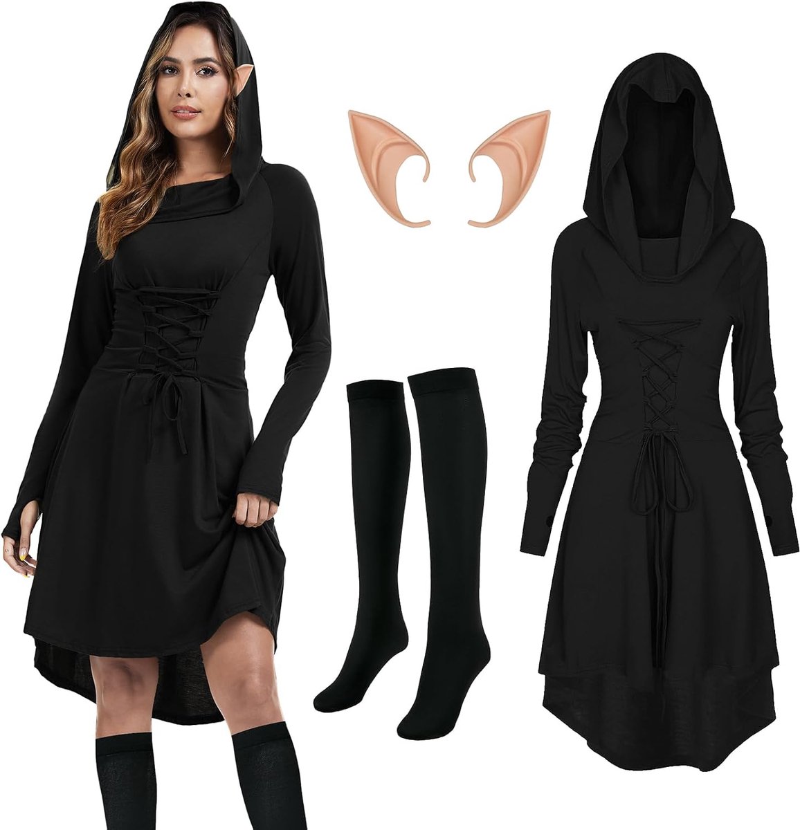 kleding voor dames, gothic, middeleeuwse kleding, renaissance-jurk, capuchonjurk met elfenoren en overknee-sokken voor carnaval, Halloween