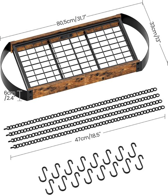 80,5 cm hangend pannenrek, ruimtebesparend pannenhanger voor de keuken, plafond pannenrek met 16 afneembare S-haken, stevig metalen frame, industriële stijl, rustiek bruin en zwart TPR09BF — afbeelding 3