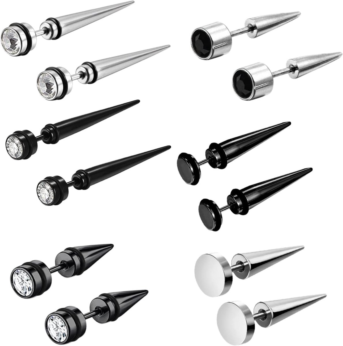 6 paar fake plug, stretchstaafjes, roestvrij staal, taper met rubberen O-ringen, fakeplugs, oortunnel, piercing, oorstekers, expander