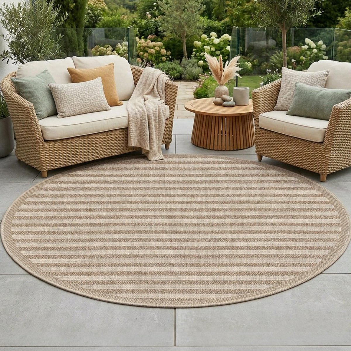 carpet city Outdoor tapijt, weerbestendig, bruin, 160 cm, rond, moderne lijnlook, plat weefsel, robuust, uv-bestendig en weerbestendig, voor buiten, balkon, terras, hal