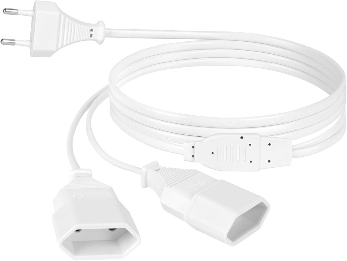 2 m verlengkabel, 250 V stekker naar bus 1 naar 2, stroomkabel, eurostekker voor tv, pc, computer, monitor, beamer, huishoudelijke apparaten lamp - zwart