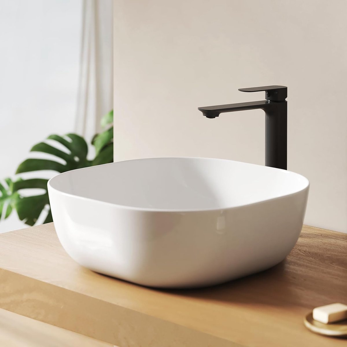 Ovale Opbouw Waskom 41,5 × 41,5 × 14,5 cm – Glanzend Wit Keramische Waskom met Hoogglans Afwerking, Krasbestendig, Eenvoudig te Installeren en te Reinigen, Waskom voor Badkamer en Gastentoilet