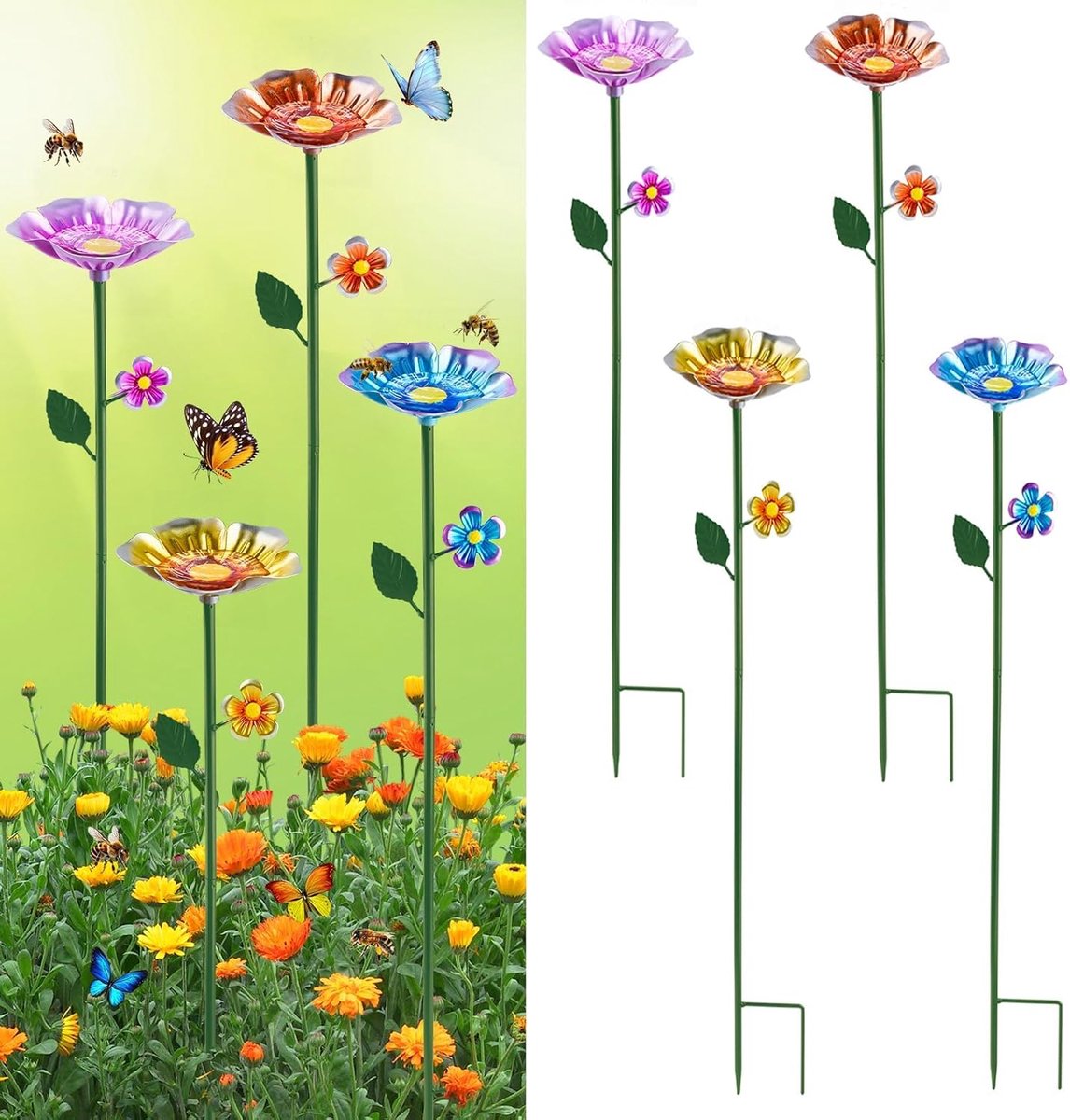 4Pcs Bee Watering Station, Metalen Bee Cups met Stake, Weerbestendige Vogel En Insectenbad voor Outdoor Binnenplaats Decoraties (Hemelsblauw, lichtroze, amber, zonnebloemgeel)