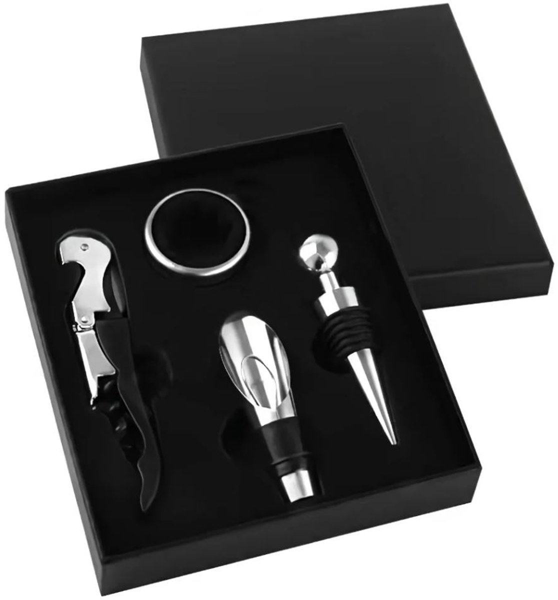Wijnset 4-delig - Kurkentrekker / wijnstopper / wijnschenker / wijnring - Wijnopener set - Wijn cadeau - Geschenkset - Flesopener - In mooie doos - Zilver/zwart - Jonyx