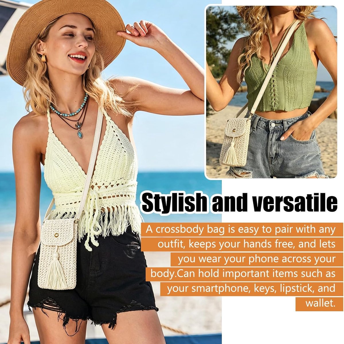 Crossbody Tassen voor Dames, Kleine Rieten Cellphone Tas met Kwastje, Boheemse Cross Body Handtassen met Verstelbare Riem voor Mobiele Telefoon Muntportemonnee, Zomer Strand Reizen Vakantie