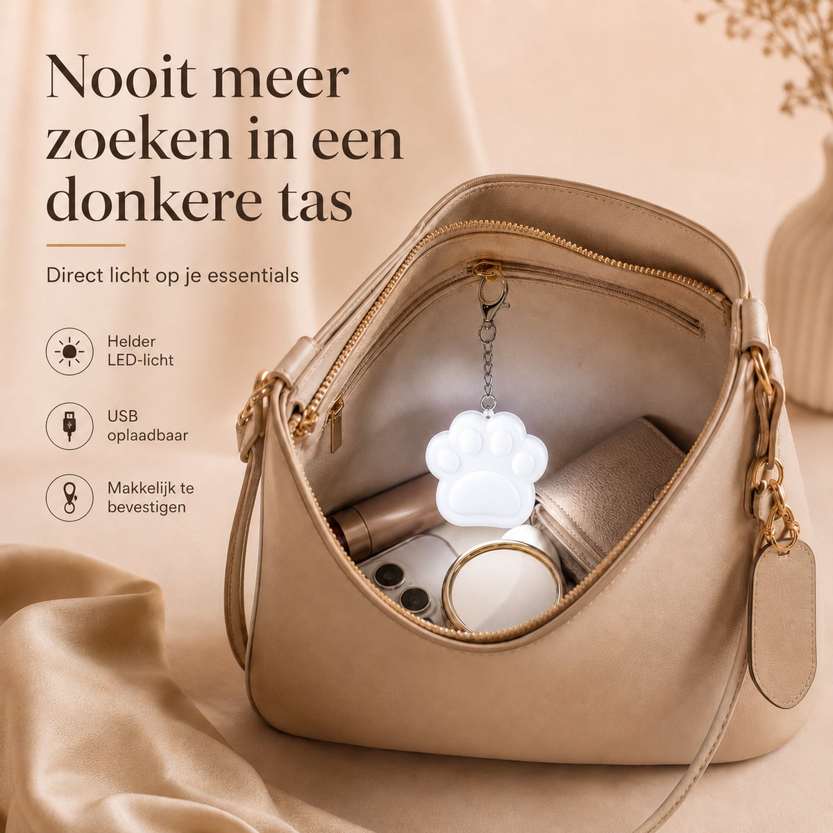 Zirkle Handtaslampje Pootafdruk – Oplaadbare USB-C LED Taslamp met Touchbediening en 2 Lichtstanden – Compacte Tasverlichting, Portemonneelampje, Mini Zaklamp, Sleutelhanger, Tashanger voor Handtas, Rugzak, Schooltas, Reistas, Koffer en Sleutel – Wit