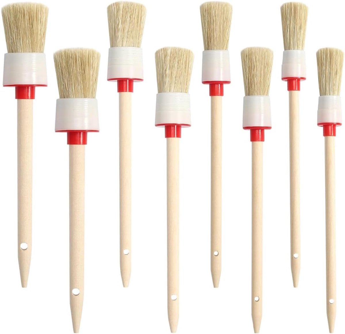 Ronde kwasten van natuurlijk hout - 8-pack ringkwasten voor het waxen, schilderen en restaureren van meubels. 4 maten (20-35 mm) met ophanggat.