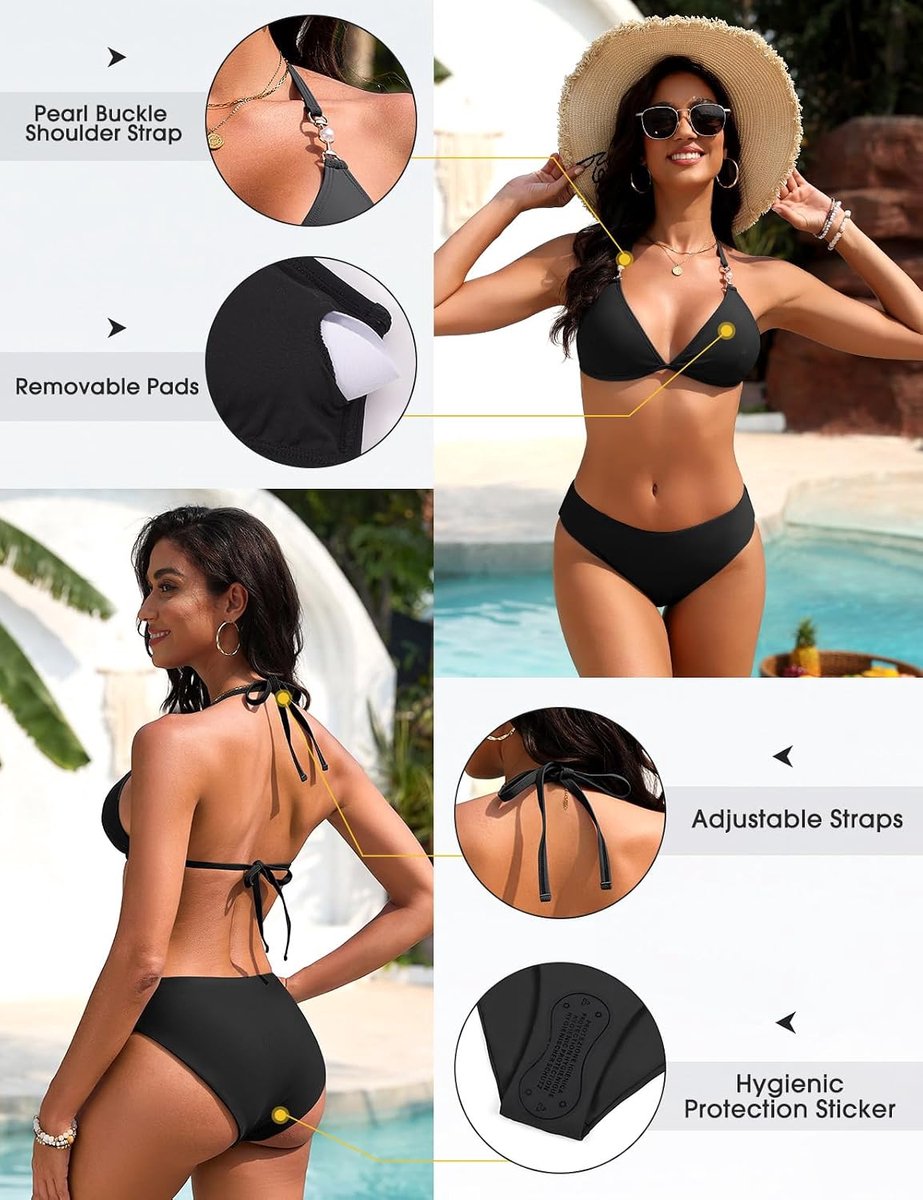 Bikini Dames Set Sexy Driehoek Halter Tweedelige Badmode Bikini Top Tanga Bikinibroekje Badkleding Verstelbaar Badpak Met Kralen