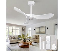 Plafondventilator 36 inch wit met 3 massief houten bladen - afstandsbediening - 6 snelheden met omkeerfunctie - geheugenfunctie - modern design - zonder verlichting