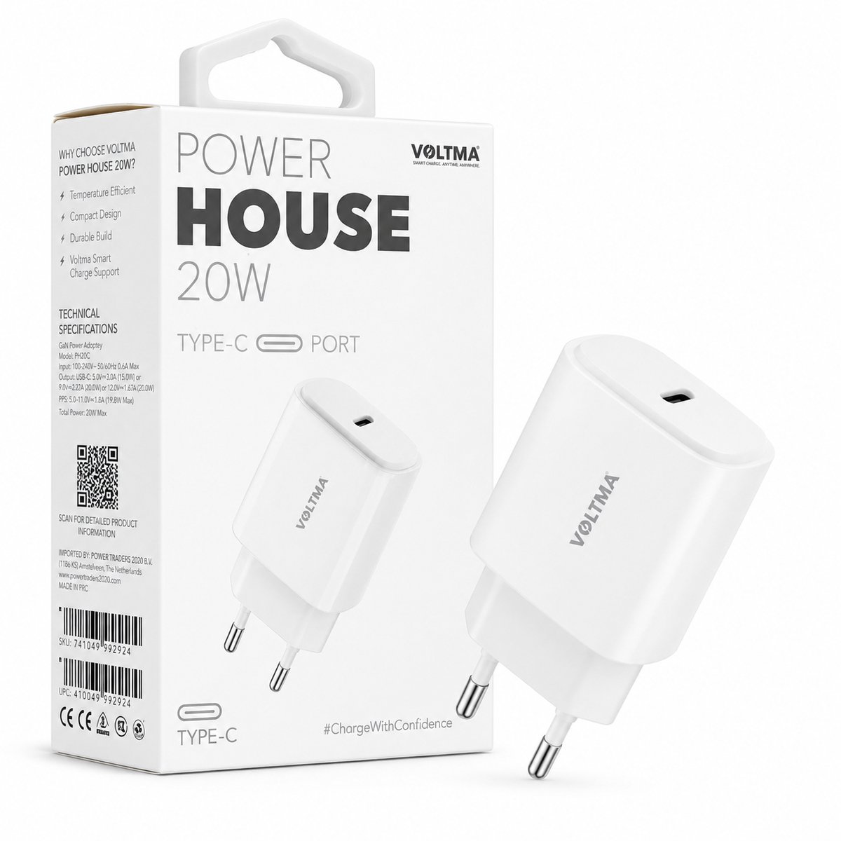 VOLTMA PH20C 20W USB-C Snellader – GaN Oplader met PPS – Compacte USB-C Adapter voor Smartphone, Tablet, Oordopjes en Powerbank – Wit