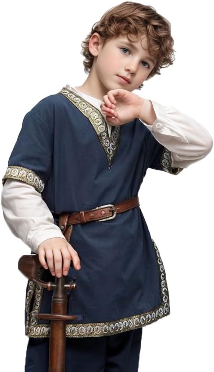 Renaissance Viking-shirt met V-hals voor jongens, middeleeuws ridderkostuum, tops