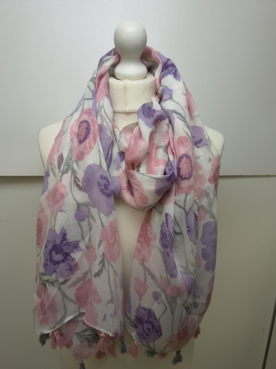 Lange dames sjaal Maryse-gebloemd motief-violet wit paars roze grijs