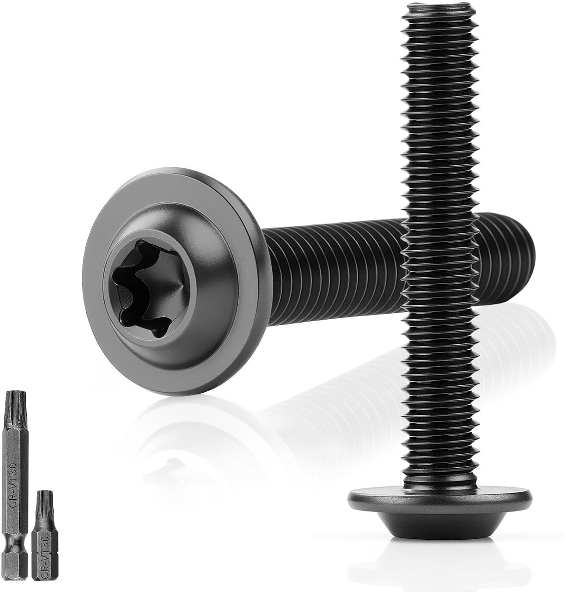 25 stuks lenskopschroeven, zwart, M6 x 35 mm, platte kopschroeven met flens torx-schroeven, 304 roestvrij staal, met schijf A2 V2A schroefdraadschroeven, volledige schroefdraad, oxide, met 2 stuks T30