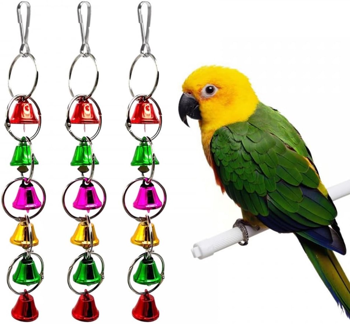 3 stuks kleurrijke ringer-klokkenspel, 15 cm lang, papegaaienkooi, hangende klokken, speelgoed voor papegaaien, vogels, parkieten, valkparkieten, grijze papegaaien, ara's