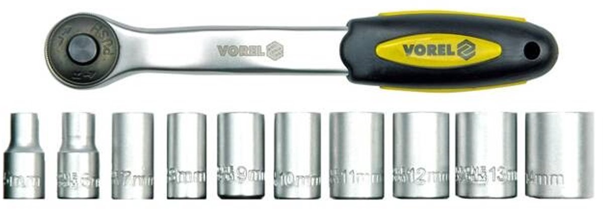 11-Delige Dop- en Ratelset 1/2" – Chrome-Vanadium – Fijne 72-Tands Gebogen Ratel – Inclusief 10 Doppen (10-24 mm)