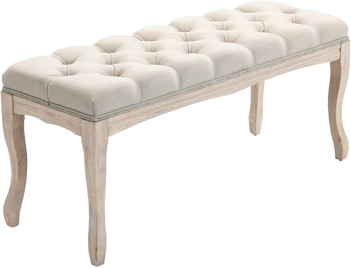 Gestoffeerde bank Klassieke Stijl 110 cm Bedteen Gewatteerd Linnen Voetstuk Geweven Hout Gesneden Linnen beige