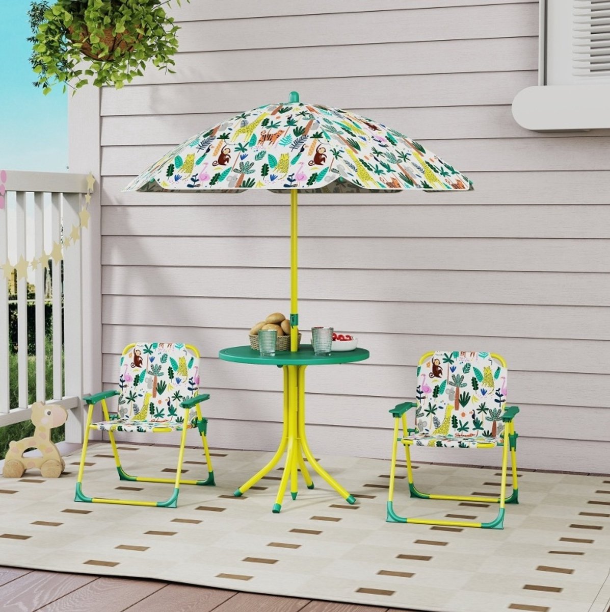 REDOM - Kindertuinset - 4-delig met 2 klapstoelen - Verstelbare en afneembare parasol - Jungleprint - Buiten - Metaal en polyester - Groen - 100 x 100 x 122 cm