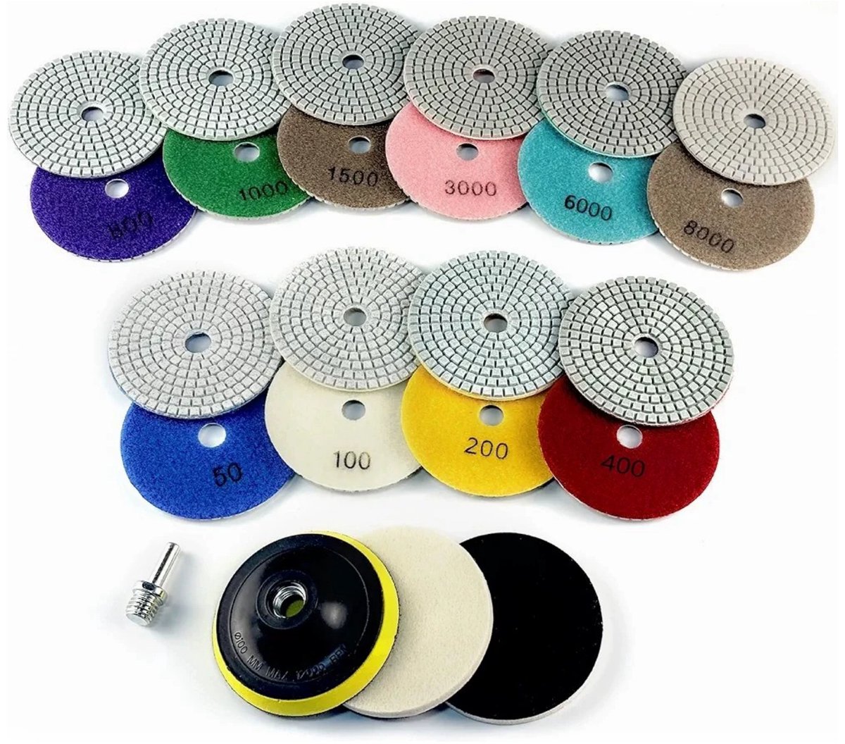 Diamant Polijstpads Set - 14 Delig - 100 mm - Korrel 50-8000 - M14 Steunschijf - Voor Marmer, Graniet, Beton, Tegels en Natuursteen